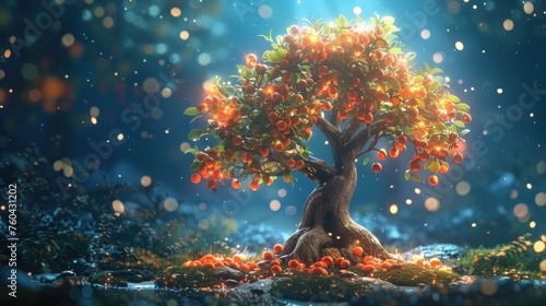 Luminescent Orange Tree Glowing under Starry Night's Allure in a Fantasy Forest