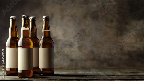 Trio of beer bottles with blank labels on a rustic wooden backdrop.