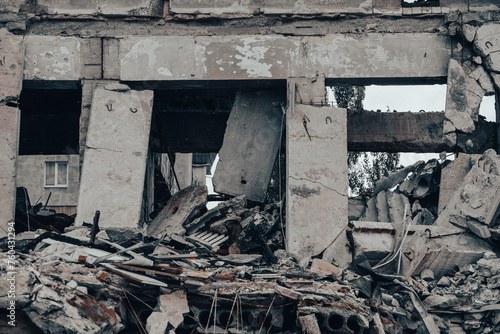 destroyed and burned houses in the city Russia Ukraine war