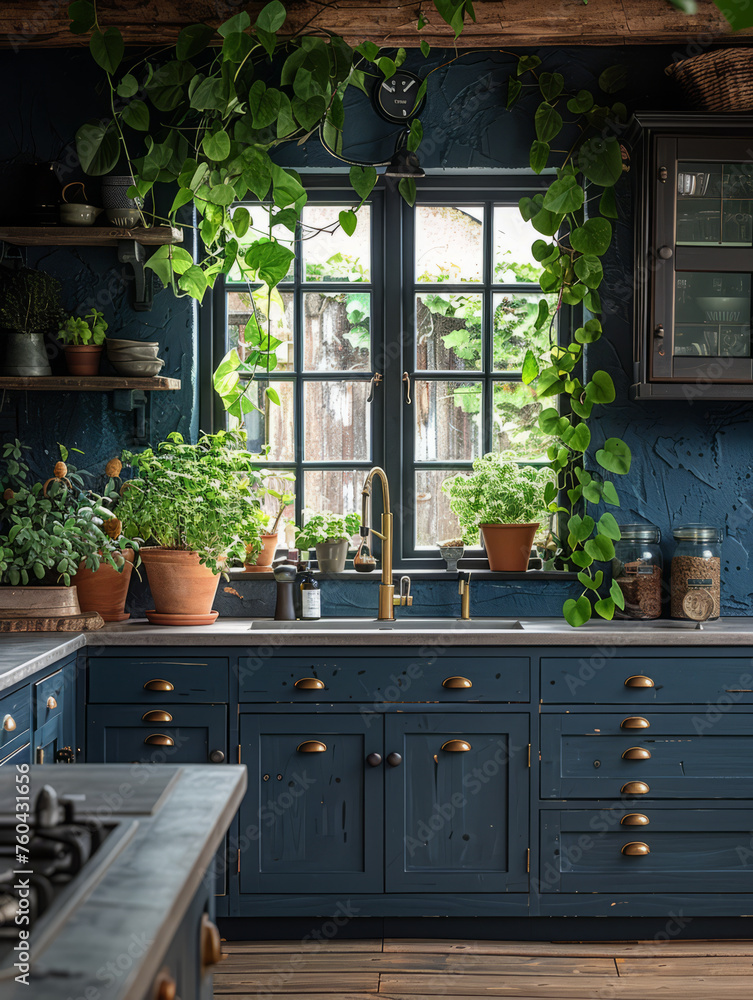 Dark blue kitchen interior with window wooden ceiling beams and lots of plants