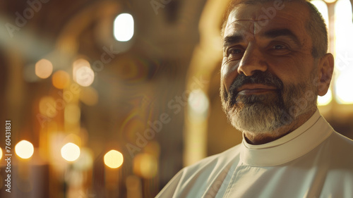 Gentle smile of a clergyman in a warmly lit church interior.