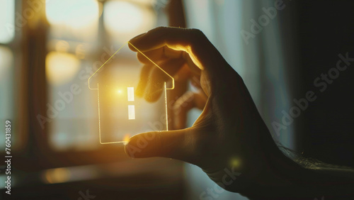 Hand framing a glowing house, concept of dream home or investment.