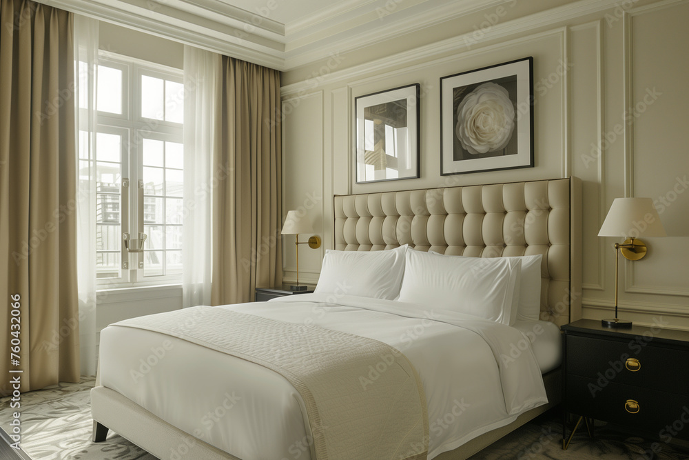 design of a modern expensive hotel room in light colors with white linens, gold fittings and lamps design of a modern expensive hotel room in light colors with white linens, gold fittings and lamps