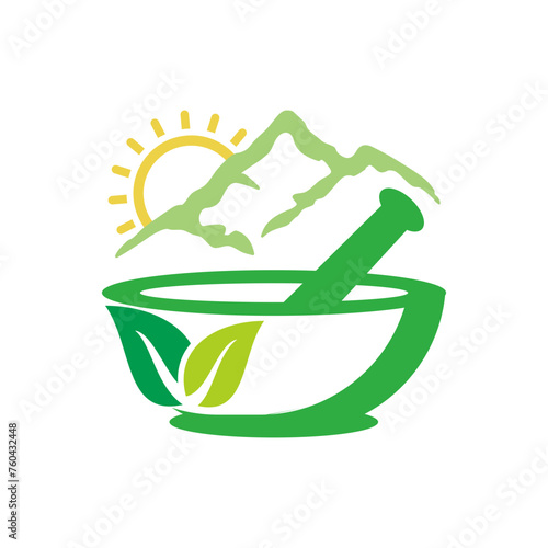 Herbal leaf nature logo with mountain and sun background and with mortar and pestle isolated on white background