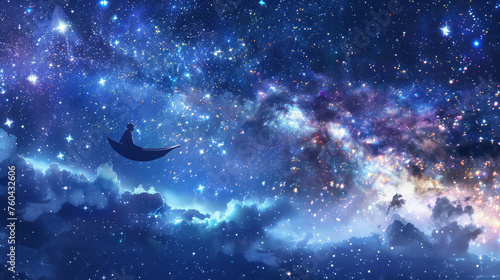 Cosmic Journey: An awe-inspiring image of a person riding a vibrant, illuminated flying carpet against the backdrop of the Milky Way galaxy, with stars twinkling. Generative AI