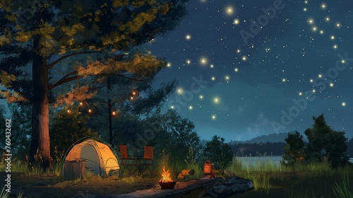 Friends setting up a campsite under a canopy of twinkling stars  surrounded by the soothing sounds of nature.