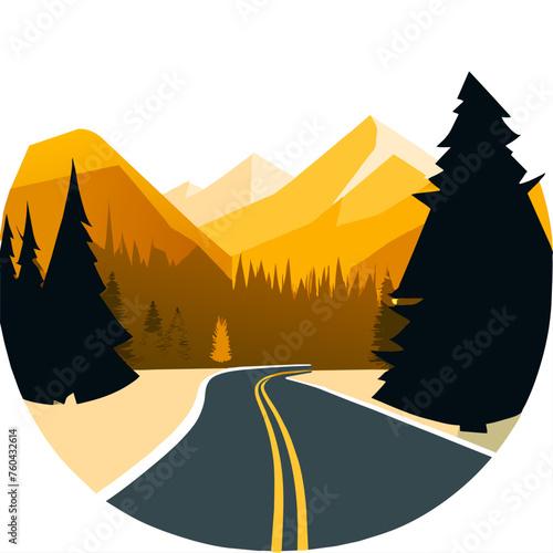 A winding road stretches through a lush green forest, leading to a distant horizon.