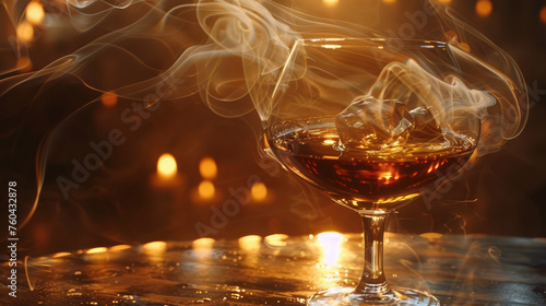 Timeless Luxury: An atmospheric image capturing the rich amber hue of the whiskey or cognac as it catches the light, with wisps of smoke rising from the cigar. Generative AI