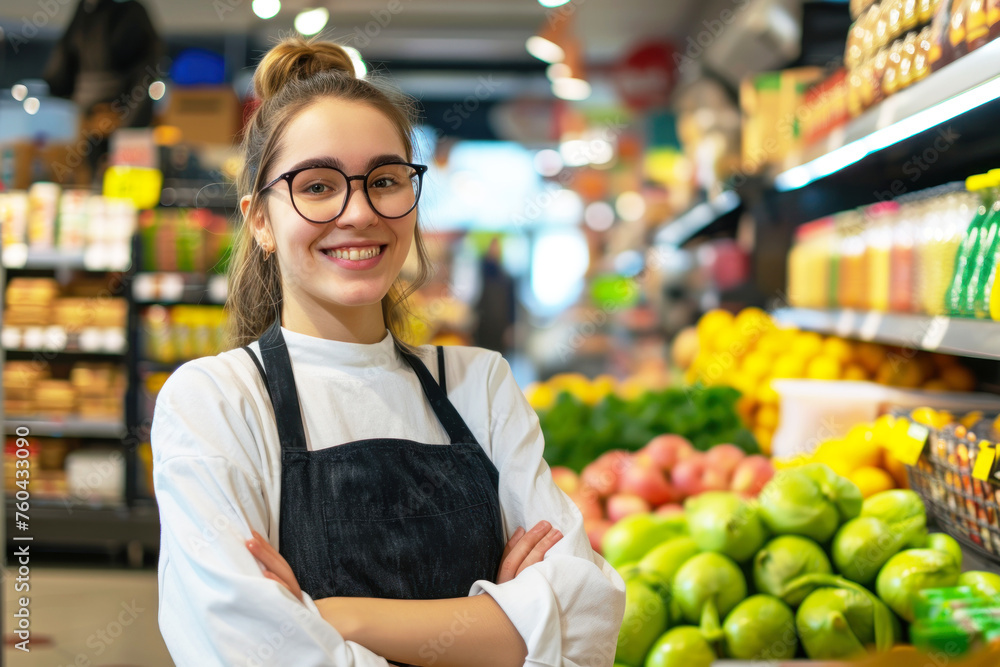 Smiling grocery store assistant with crossed arms in supermarket Smiling grocery store assistant with crossed arms in supermarket