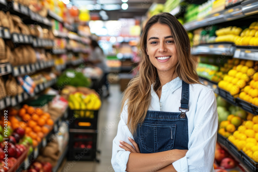 Smiling grocery store assistant with crossed arms in supermarket
