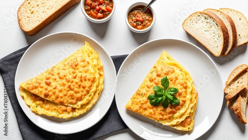 Omelet on a plate with slices of bread on a white background