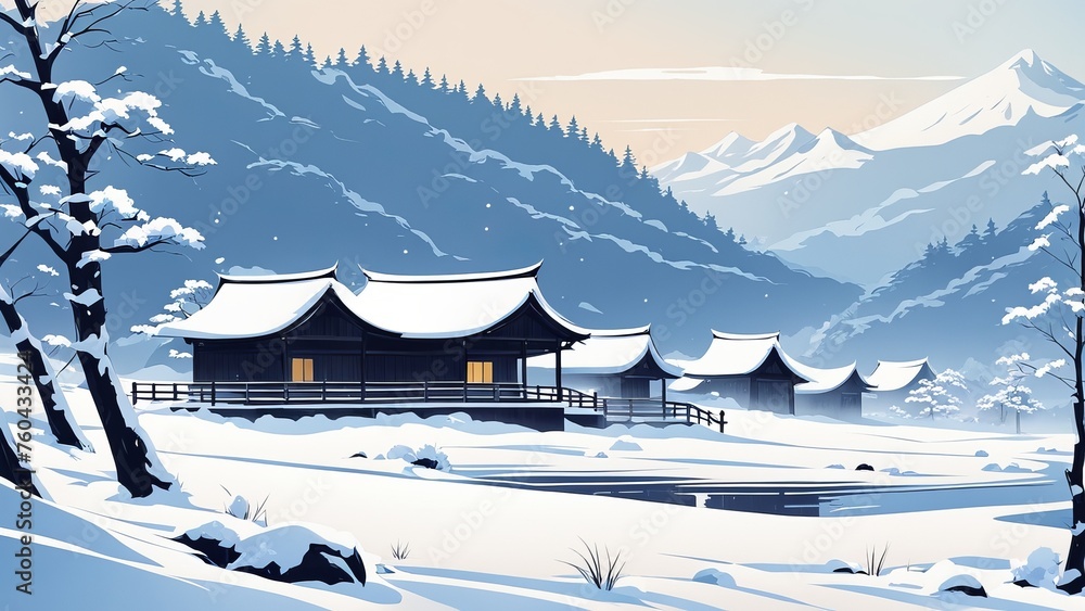 Winter Village in Japan illustration