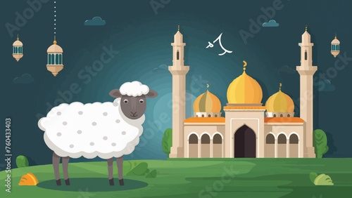 Eid al-Adha Celebration: Modern Vector Art Featuring a Sheep by the Mosque photo