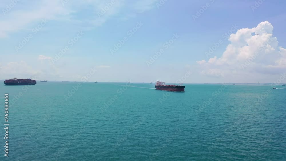 Aerial shot of oil tanker sailing, Singapore Straits, Singapore Aerial shot of oil tanker sailing, Singapore Straits, Singapore