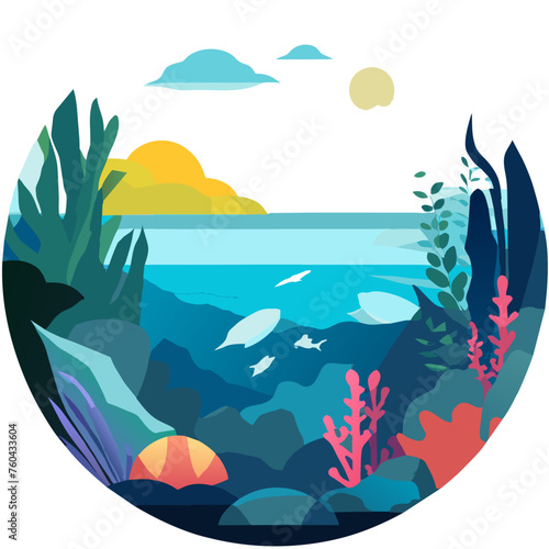 Azure waters embracing a tranquil shore, framed by lush greenery.