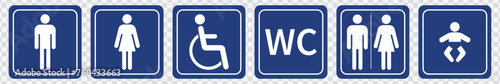 "High-quality WC icon for universal restroom signage, featuring both male and female symbols. Man, woman, mother with baby and handicapped silhouettes collection. Perfect for diverse design needs."