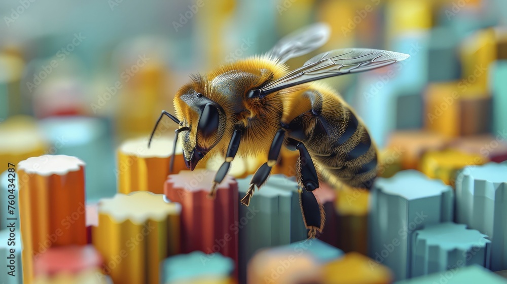 A bee adeptly maneuvering around office supplies showcases adaptability and efficiency in clerical tasks. - obrazy, fototapety, plakaty 