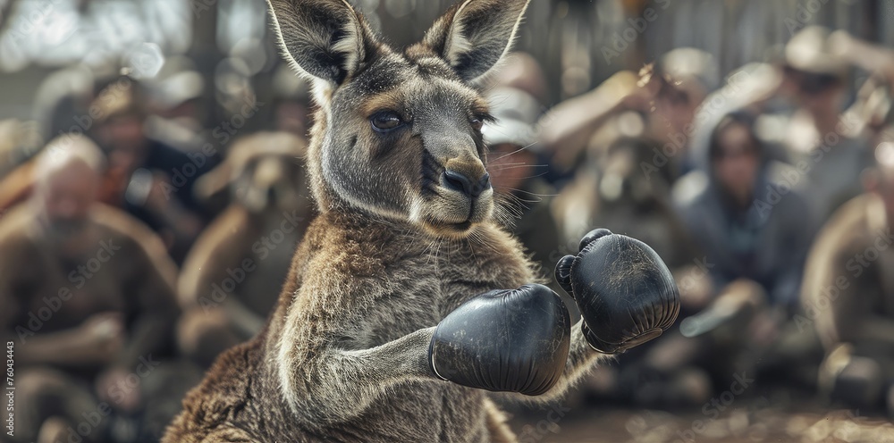 Obraz premium A kangaroo boxing in front of a crowd, with each punch representing a breakthrough innovation, embodying resilience and fighting spirit in business startups.