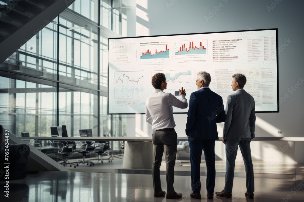 Fototapeta premium Executives discussing statistics on a large screen, strategy analysis in a high-tech office.