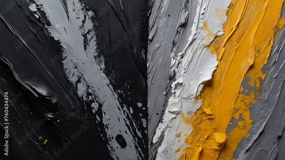 Abstract oil painting on canvas with black, white and yellow colors.