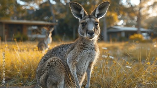A kangaroo standing guard over its young in a protective stance, set against the backdrop of a family home, symbolizing home security and family protection services. © Manyapha