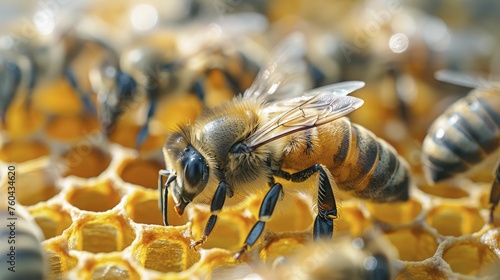 A bee efficiently managing multiple tasks at once, from pollination to honey production, illustrating multitasking and productivity in business operations. © Manyapha