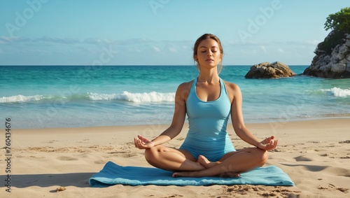 Young woman practicing yoga on the beach at sunset. Yoga concept.