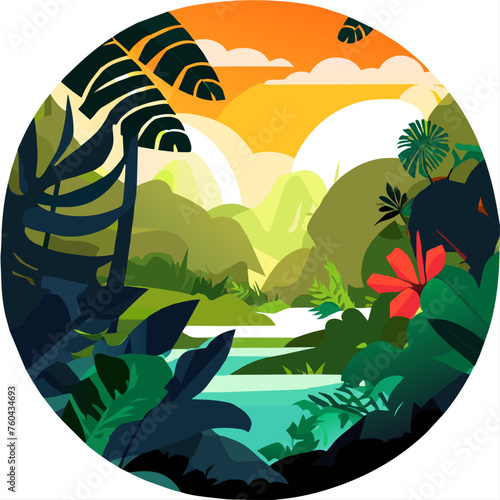 A lush tropical jungle with towering trees and vibrant undergrowth.