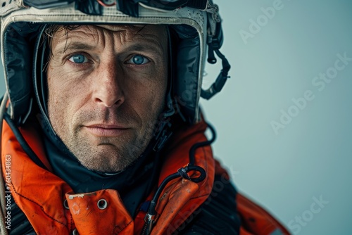 Coast guard officer in search and rescue gear showing determination and readiness photo