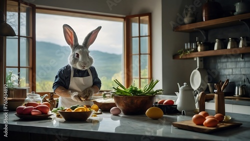 Easter bunny in the kitchen with eggs and vegetables.