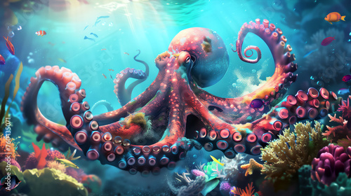 A stylized illustration of an octopus  vibrant colors  dynamic pose  in the center of the composition  underwater scene