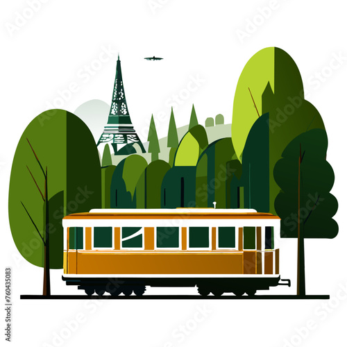 A solitary trolley rests in a tranquil natural setting, its wheels dipped in lush greenery.