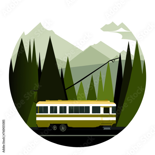 A solitary trolley traverses a picturesque natural landscape, offering a poignant contrast between human intervention and the tranquility of nature.