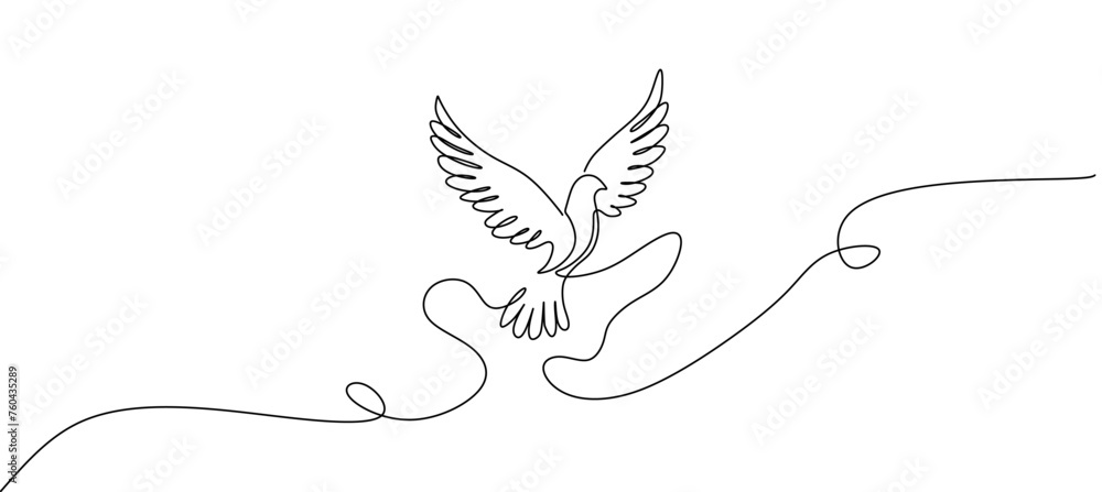 Bird flying with heart in continuous line art drawing. One outline of dove animal. Vector illustration isolated. Minimalist design handdrawn.