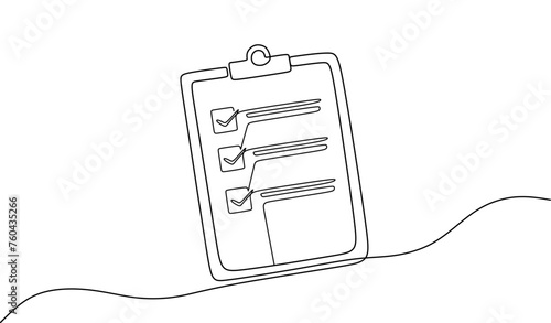 Clipboard with checklist. Continuous line one drawing. Vector illustration. Simple line illustration.	