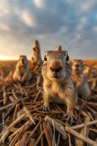 Ground squirrel family in the harvested field in summer evening with setting sun. Group of wild animals in nature.