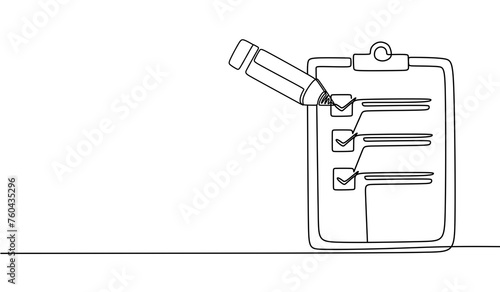 Clipboard with checklist. Continuous line one drawing. Without backgound. Simple line illustration.	