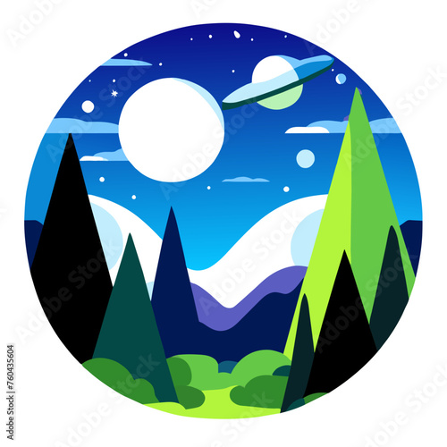 A mysterious unidentified flying object hovers in a clear blue sky above a verdant forest.