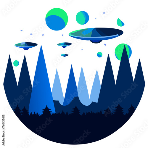 Unidentified flying objects hover over a tranquil forest, shrouded in an eerie mist.