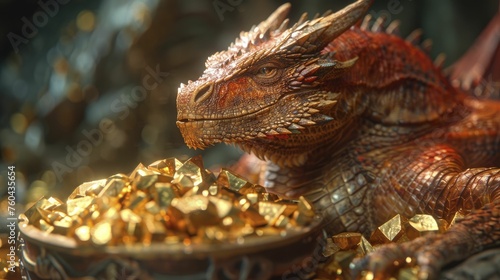 A mystical dragon protects a treasure trove, symbolizing wealth management, security, and financial growth.
