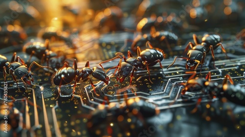 Ants create a circuit board pattern, showcasing teamwork, precision in tech development, and innovation.
