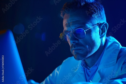 Cybercrime investigator analyzing data on laptop in a dark office
