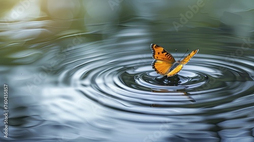 Butterfly effect: a single butterfly causing ripples over a calm pond, symbolizing the impact of small business decisions on broader market changes. photo