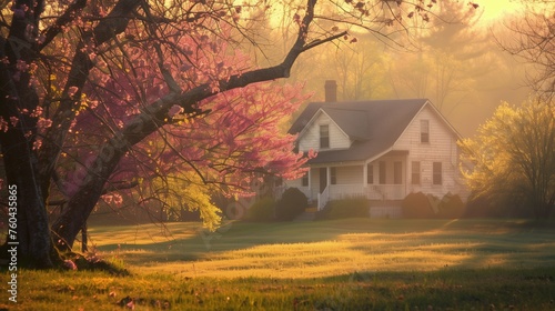 Biały dom jest otoczony bujną zielenią pola, w otoczeniu pięknej wiosennej sceny.