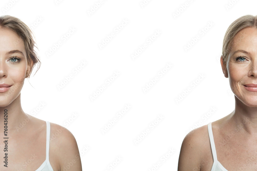 Aging, cosmetology, plastic surgery and retouching before and after concept. Young and senior woman isolated on white background Aging, cosmetology, plastic surgery and retouching before and after concept. Young and senior woman isolated on white background