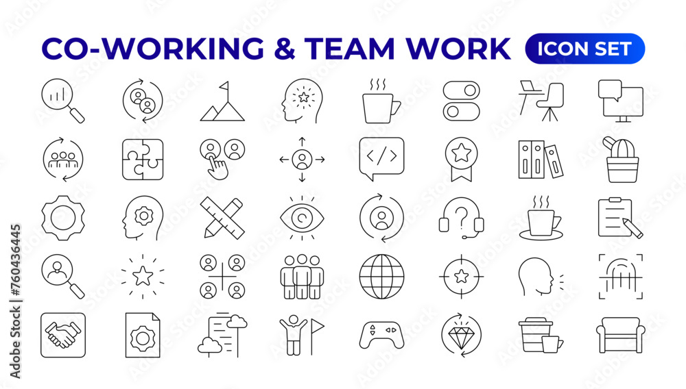 Co-working & Teamwork.Office and coworking linear icons collection. Set of coworking space Icons.Business teamwork, team building, work group, and human resources minimal thin line web icon set. Co-working & Teamwork.Office and coworking linear icons collection. Set of coworking space Icons.Business teamwork, team building, work group, and human resources minimal thin line web icon set.