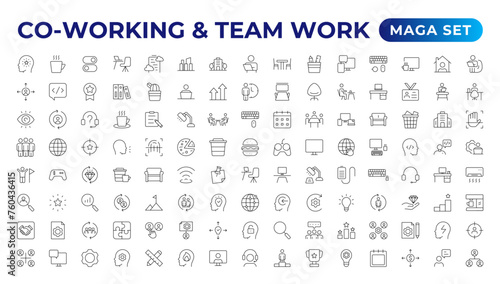 Co-working & Teamwork.Office and coworking linear icons collection. Set of coworking space Icons.Business teamwork, team building, work group, and human resources minimal thin line web icon set.