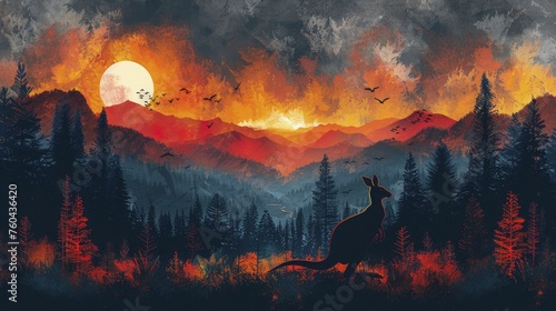 Silhouette of a kangaroo bounding towards a rising sun over a mountainous landscape  illustrating overcoming challenges and the journey towards success.