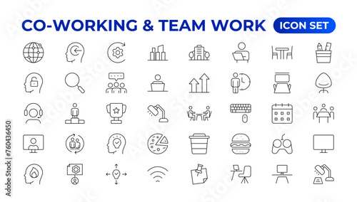 Co-working & Teamwork.Office and coworking linear icons collection. Set of coworking space Icons.Business teamwork, team building, work group, and human resources minimal thin line web icon set.
