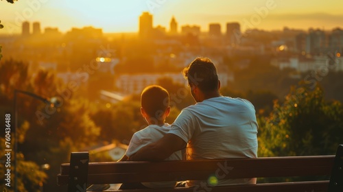 photo of cityscape, golden hour, father and son are sitting on bench with their backs to the camera